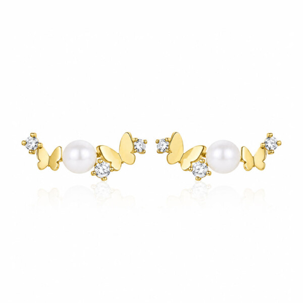 Náušnice s motýly a perlou Paola Gold - stříbro 925/1000, Zlatá