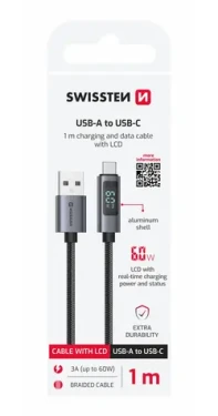 SWISSTEN Kabel USB-A na USB-C s LCD displejem 1m černá / 60W / USB-A (M) / USB-C (M) (71551073)