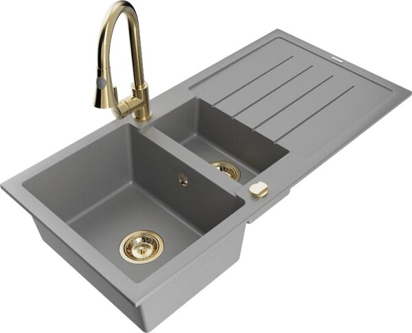 MEXEN - Andres granitový dřez s odkapávačem včetně baterie Elia, šedá 6515-71-670101-50