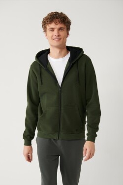 Avva Khaki Unisex Sweatshirt Hooded Inner Collar Fleece 3 Thread Zipper Regular Fit