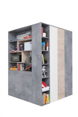 FRONTI Rohová šatní skříň SIGMA SI1 Beton + bílá lux + dub 15004