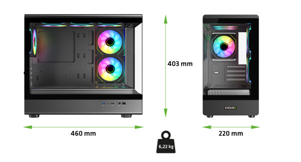 EVOLVEO Ursus, skříň mATX, 6x ARGB ventilátor 120mm, skleněná bočnice + přední panel, černá
