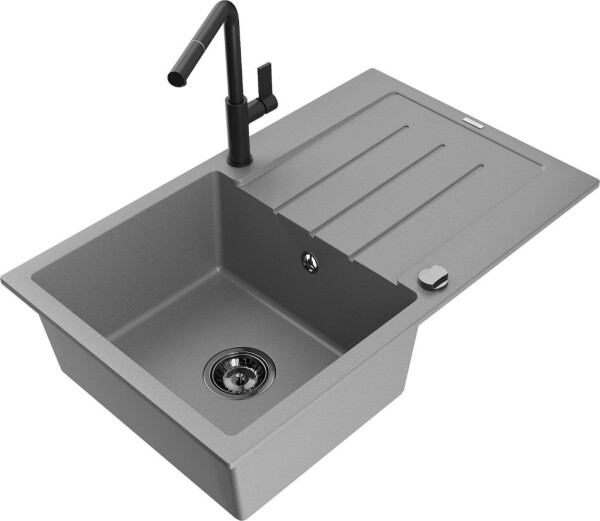 MEXEN - Bruno granitový dřez 1 s odkapávačem včetně baterie Flora, šedá 6513-71-670401-70-B