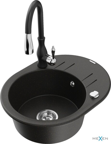 MEXEN/S - Kevin granitový dřez 1 s odkapávačem včetně baterie Savita, černá/zlatá metalik 6517-75-672601-70