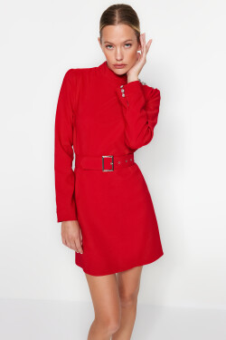 Trendyol Red Belted A-Line Button Detailní tkané šaty