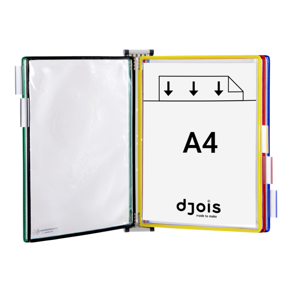 Djois nástěnný kovový držák s rámečky, 5 rámečků s kapsami A4 na výšku, rámečky mix barev, 1 set
