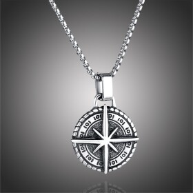 Ocelový náhrdelník s medailonem větrná růžice, kompas, 60 cm Vintage