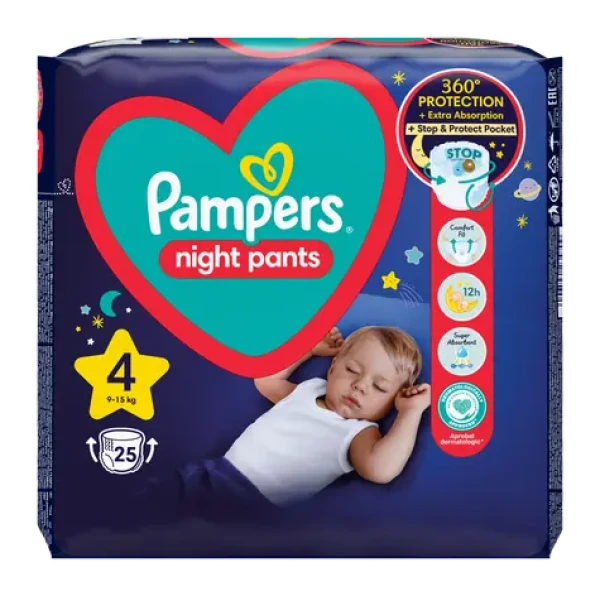 Pampers Night Pants 9-15 kg (25ks) / Plenkové kalhotky / Velikost 4 (9-15 kg) (8006540234709)