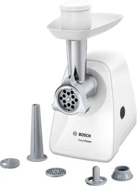 BOSCH MFW2520W bílá / Mlýnek na maso / 1500 W / mlecí desky 4 a 8 mm / nástavce na klobásy a kebbe (MFW2520W)