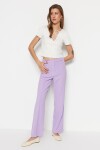 Trendyol Lilac Rovné žebrované prošívané tkané kalhoty vysokým pasem