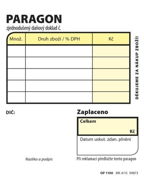 Paragon obchodní, 7,5 × 9,5 cm, 100 listů, NCR