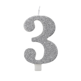 Svíčka číslo 3 stříbrná s glitrem Svíčka číslo 3 stříbrná s glitrem