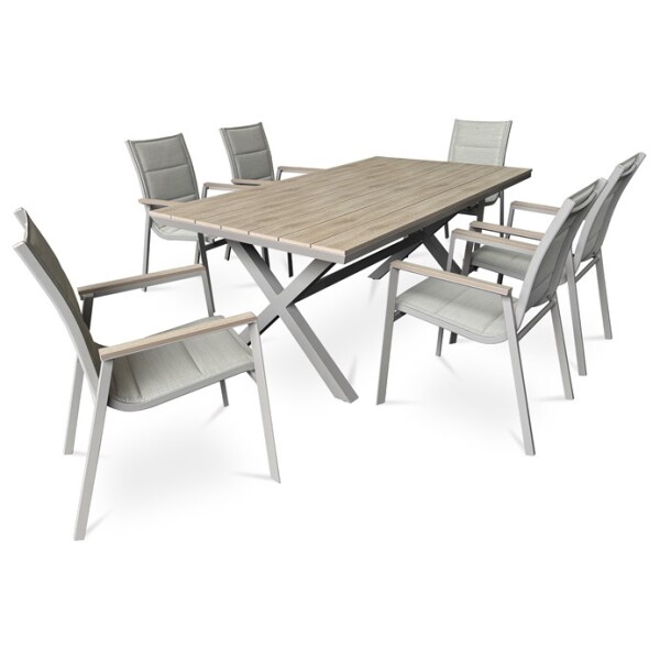 Stůl zahradní 180x100x75, deska polywood v dekoru světlého dubu, hliníková konstrukce, béžová barva