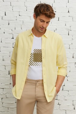 AC&Co Altınyıldız Classics Men's Yellow Comfort Fit Relaxed Cut Concealed Button Collar 100% Cotton Flamed Shirt