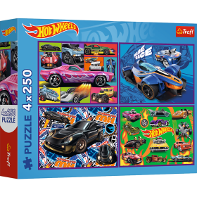 Puzzle 4v1 Závodní auta/Hot wheels 4x250 dílků 33,9x23,9cm v krabici 34x26x6cm