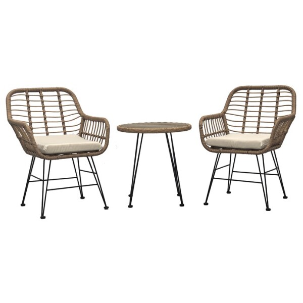 Relaxační set stůl + 2 židle, kov, umělý ratan, látka béžová, deska stolku polywood