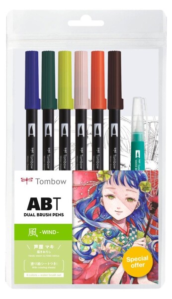 Tombow ABT sada oboustranných fixů Manga Wind 6 ks + vodní štětec