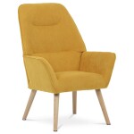 Křeslo "ušák", potah žlutá látka, nohy masiv kaučukovník