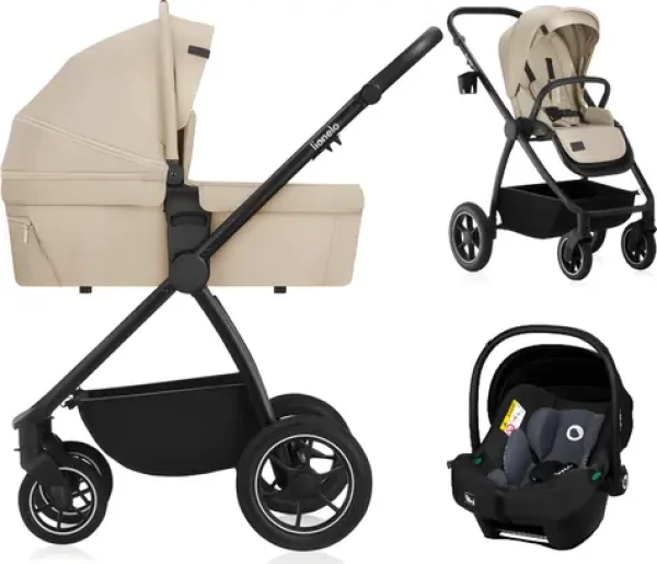 LIONELO Kočárek kombinovaný Meril 3v1 Beige Sand / Hliníkový rám / Terénní kola / Autosedačka do 13 kg (LO-MERIL 3IN1 BEIGE SAND)