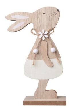 Zajíc dřevěný s béžovou sukní na postavení 11,5 x 20 cm
