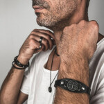 Pánský náramek s kompasem - pravá kůže, chirurgická ocel, Černá 22 cm