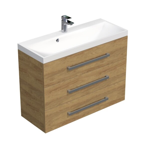 Koupelnová skříňka s chromovými úchyty a umyvadlem SAT Cube Way 100x71x40 cm dub Hickory mat CUBE21003DH CUBE21003DH