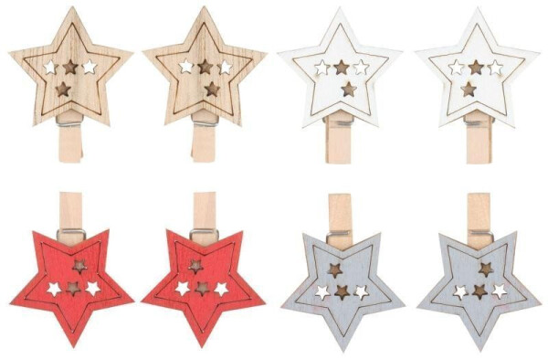 Hvězda dřevěná na kolíčku 4,5 cm (8 ks)