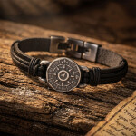 Pánský náramek Větrná růžice - pravá kůže, chirurgická ocel, Černá 22 cm