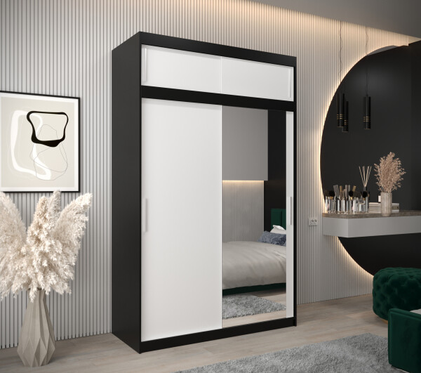 Šatní skříň Abi T2 s nástavcem Barva korpusu: Černá, Rozměry: 150 cm, Dveře: Bílá