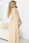 655-4 Dlouhé lehké třpytivé šaty s výstřihem a průhlednými rukávy - šampaňsko-béžová barva UNI