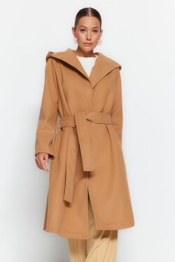 Trendyol Camel Oversize širokoúhlý kabát s kapucí standardní velikosti, přepásaný dlouhý stamped coat