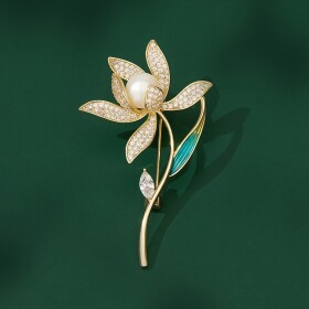 Květinová brož s perlou a zirkony Teodora - květina, Zlatá