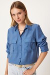 Happiness İstanbul Women's Indigo Blue Wide Pocket Tencel Shirt