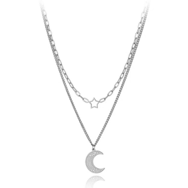 Ocelový náhrdelník Anna - chirurgická ocel, půlměsíc, hvězda, Stříbrná 40 cm + 5 cm (prodloužení)