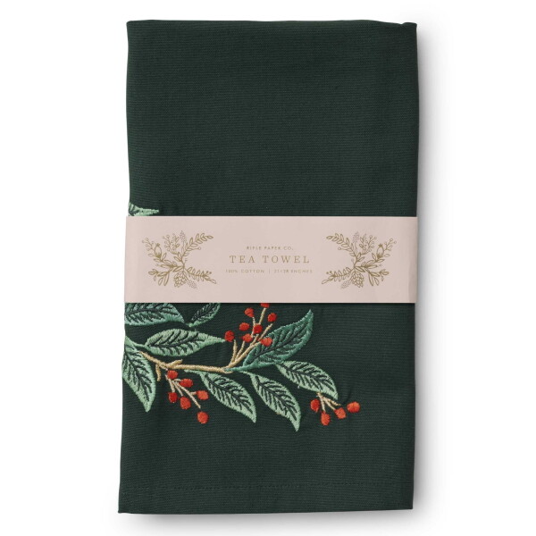 Rifle Paper Co. Bavlněná utěrka Willowberry Embroidered, zelená barva, textil