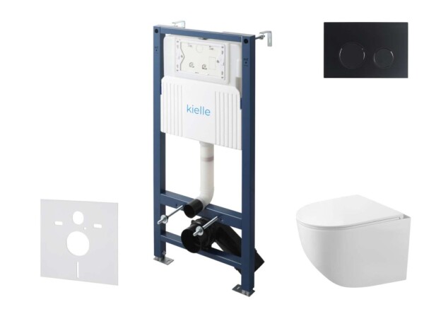 Kielle - Genesis New Set předstěnové instalace, kompaktního klozetu Gaia, Rimless, sedátka softclose a tlačítka Gemini New II, matná černá 30528SS87