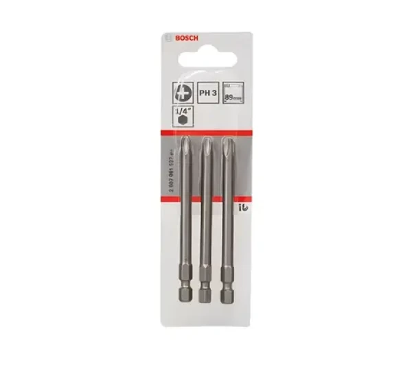 BOSCH Sada šroubovacích bitů PH3 89 mm / Sada šroubovacích bitů / 3 ks / Extra odolné / Šestihranná stopka 1/4" (2607001537)