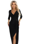 404-13 Elegantní dlouhé šaty s obálkovým výstřihem a rozparkem - černé S