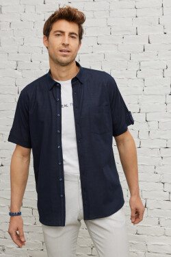 AC&Co Altınyıldız Classics Men's Navy Blue Comfort Fit Relaxed Cut Buttoned Collar Linen Look 100% Cotton Short Sleeve Shirt