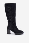Zdobené dámské kozačky nad kolena zateplené na podpatku černé MR880-158 39