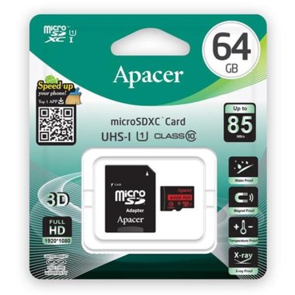 Apacer MicroSDXC 64GB + adaptér / UHS-I U1 / Class 10 / čtení: až 85MBs / zápis: až 10MBs (AP64GMCSX10U5-R)