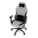 Herní křeslo, stříbrná látka, houpací mechanismus, polohování opěradla 90°-180°, 3D područky, polštáře z paměťové pěny,