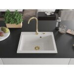 MEXEN/S - Elix granitový dřez 1-miska 600 x 500 mm, bílá, sifon zlatá 6525601005-20-G