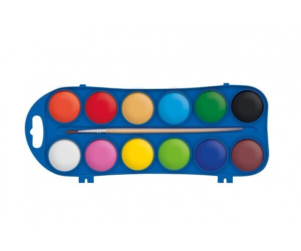 Vodové barvy 12ks + štětec plast v krabičce 11x21cm ve fólii