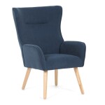 Křeslo, potah modrá manšestrová látka, dřevěné nohy, masiv kaučukovník
