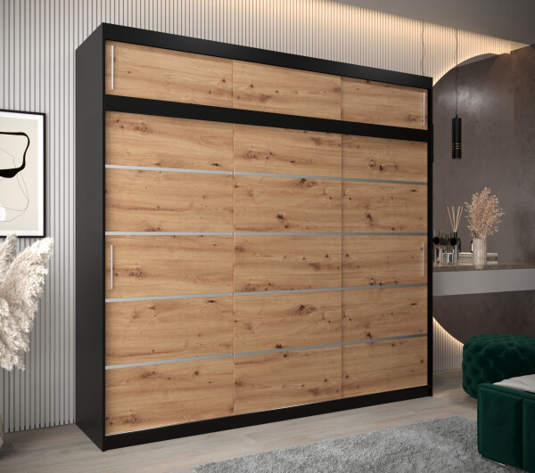 Šatní skříň Abi V1 s nástavcem Barva korpusu: Černá, Rozměry: 250 cm, Dveře: Dub artisan