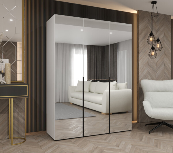 Šatní skříň Abi Alicante 3 Rozměry: 150 cm, Pásky / úchyty: Černá, Barva korpusu + barva dveří: Bílá + zrcadlo