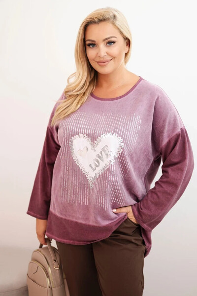 Dámská mikina Plus Size bavlněná s potiskem srdce a šňůrkami tmavě růžová UNI