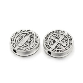 Kovový korálek - medailka Sv. Benedikta - starostříbrný - 10 x 2 mm - 1 ks