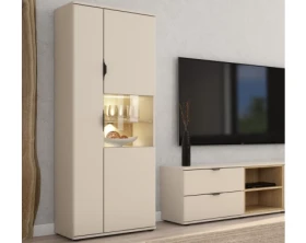 Vysoká skříňka s prosklením Avola, béžová kašmír/dub cremona